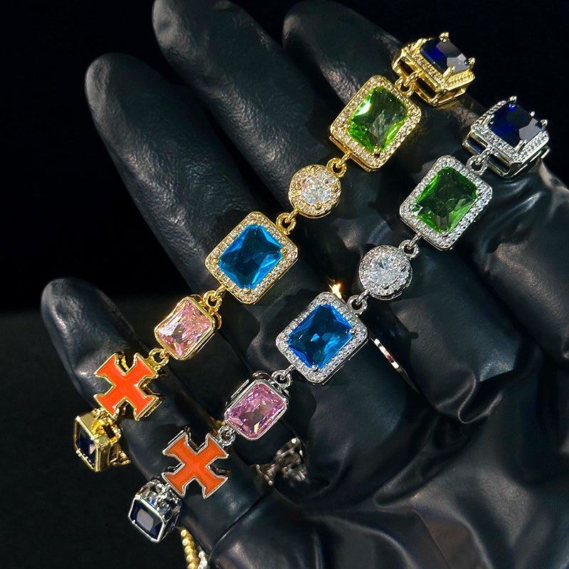 Multicolored Gemstones Enamel Cross Bracelet