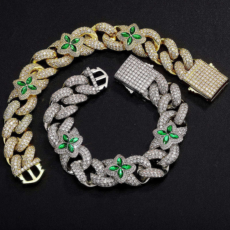 Emerald Four Leaf Clover Cuban Bracelet