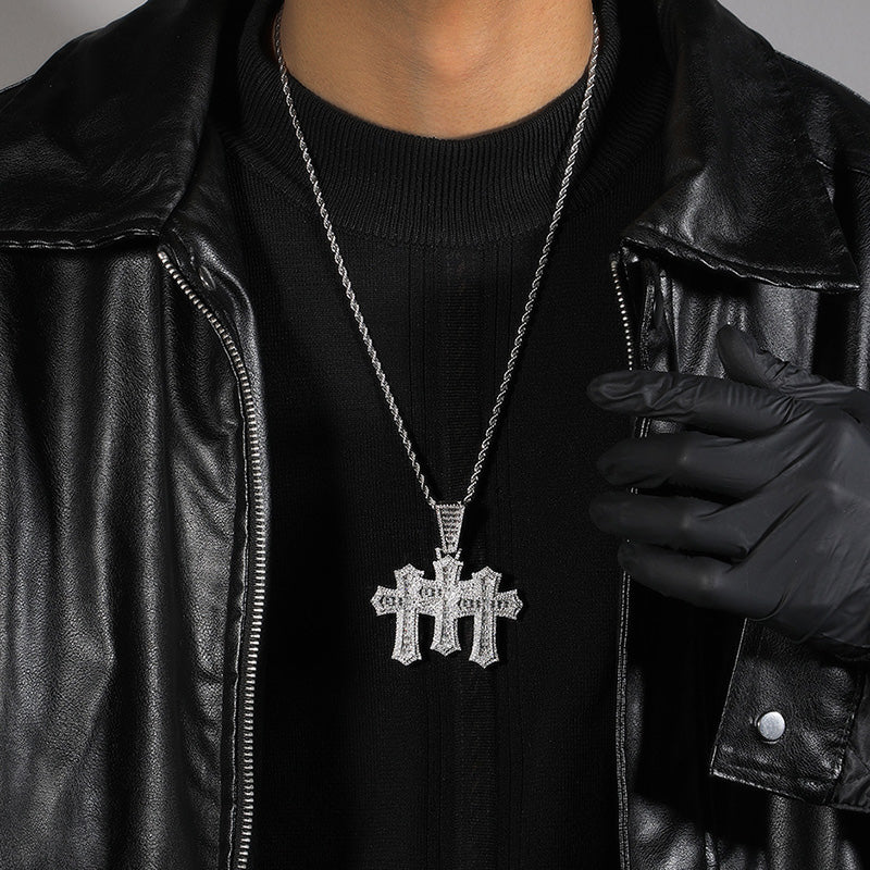 Iced Out Baguette Cut Triple Cross Pendant