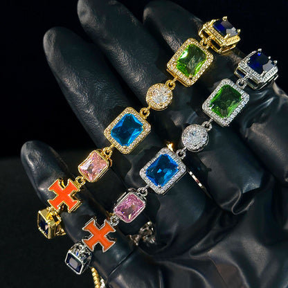 Multicolored Gemstones Enamel Cross Bracelet