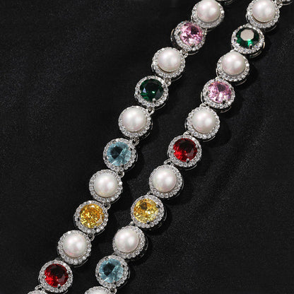 Iced Out Colorful Gemstone Pearl Tennis Bracelet