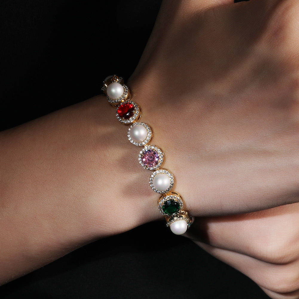 Iced Out Colorful Gemstone Pearl Tennis Bracelet