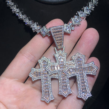 Iced Out Baguette Cut Triple Cross Pendant