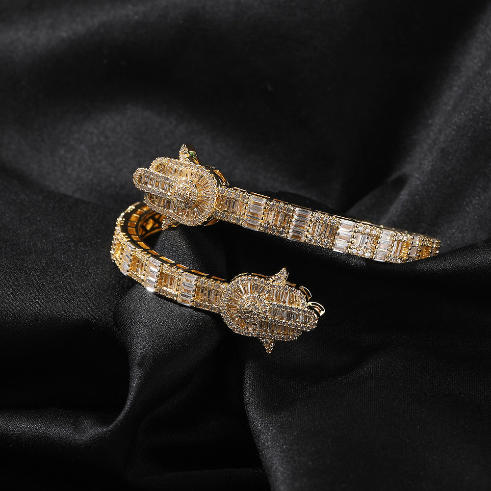 Iced Out Baguette Cut Hamsa Open Bracelet