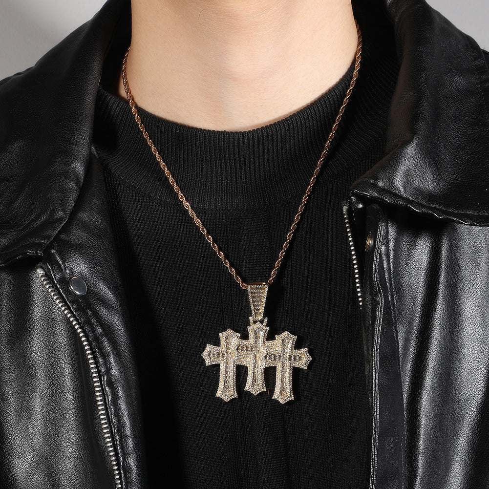 Iced Out Baguette Cut Triple Cross Pendant