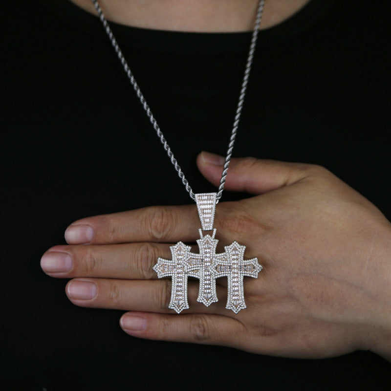 Iced Out Baguette Cut Triple Cross Pendant