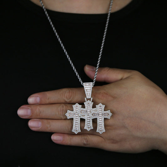 Iced Out Baguette Cut Triple Cross Pendant